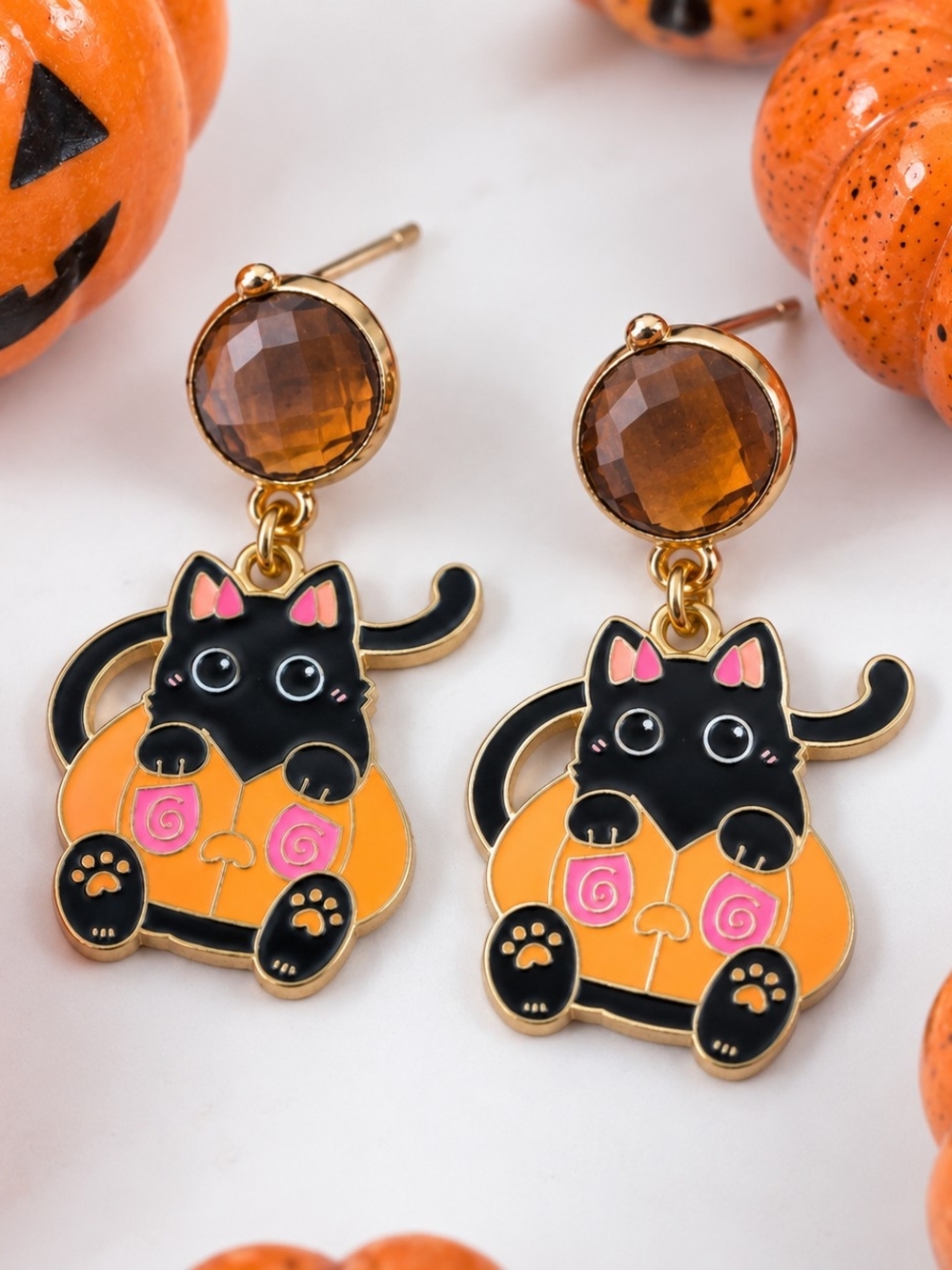 Black Cat Pumpkin Earrings Amber Crystal Gold Halloween Spooky Dangle